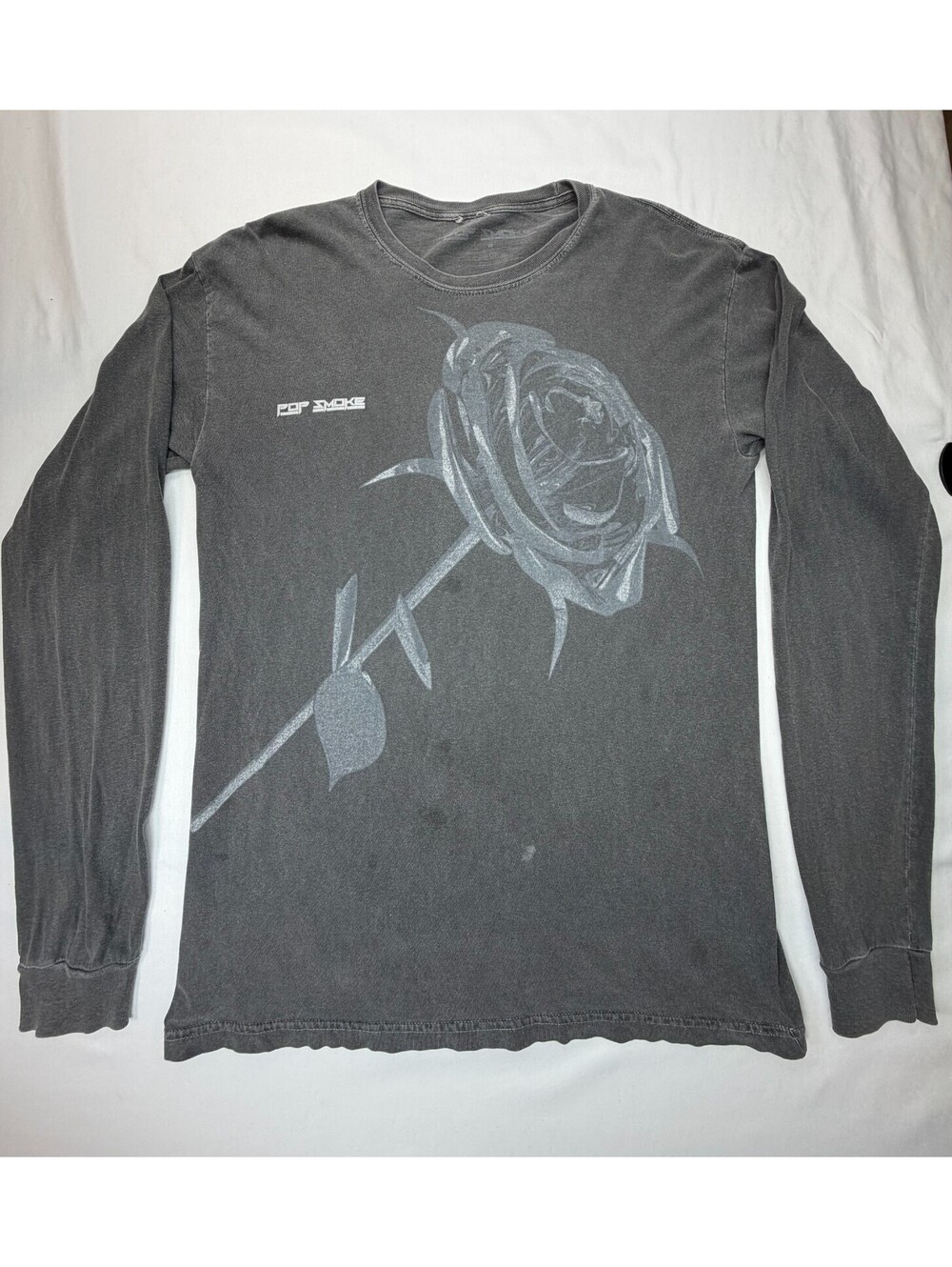 Pop Smoke Men's T-Shirt Long Sleeve Graphic Print Knit Crew Neck Size M Gray